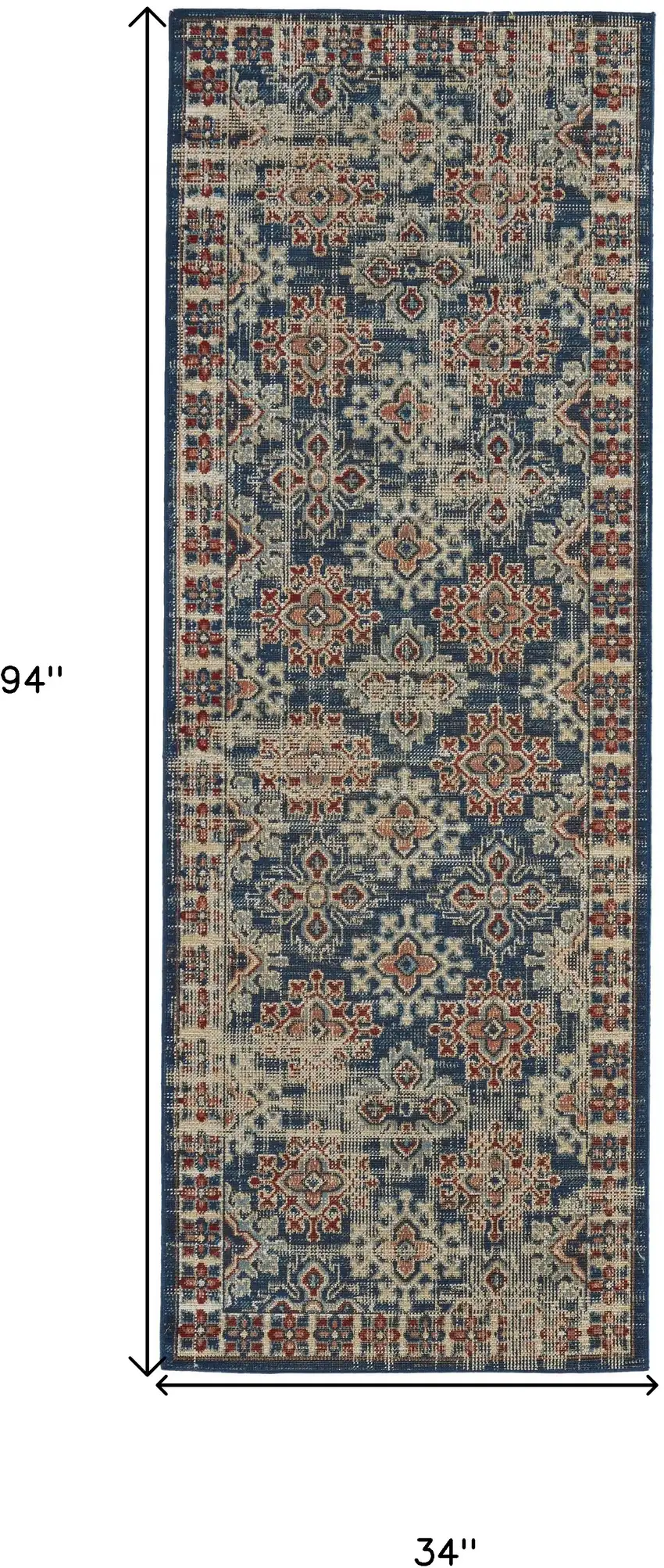 8' Blue Red And Ivory Abstract Power Loom Distressed Stain Resistant Runner Rug Photo 3