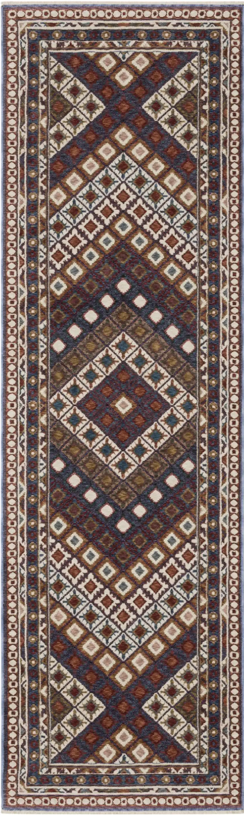 8' Blue Red And Ivory Diamond Runner Rug With Fringe Photo 1