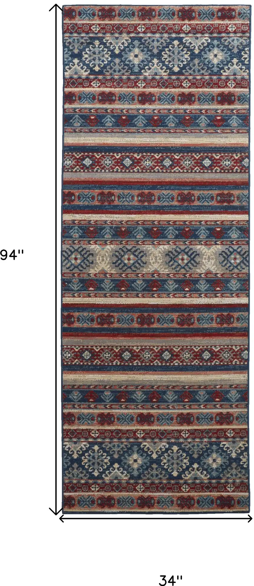 8' Blue Red And Ivory Geometric Power Loom Distressed Stain Resistant Runner Rug Photo 7