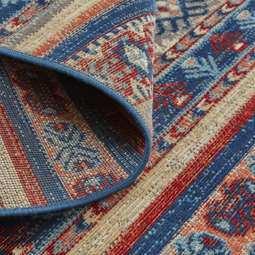 8' Blue Red And Ivory Geometric Power Loom Distressed Stain Resistant Runner Rug Photo 4