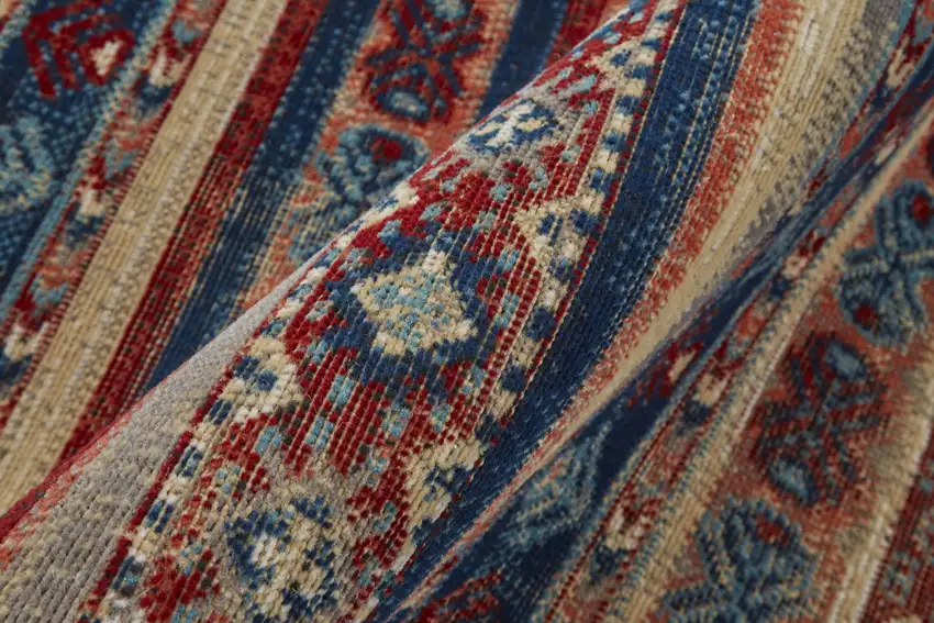 8' Blue Red And Ivory Geometric Power Loom Distressed Stain Resistant Runner Rug Photo 6