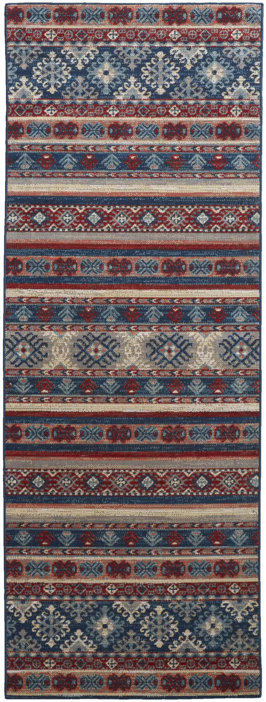 8' Blue Red And Ivory Geometric Power Loom Distressed Stain Resistant Runner Rug Photo 1