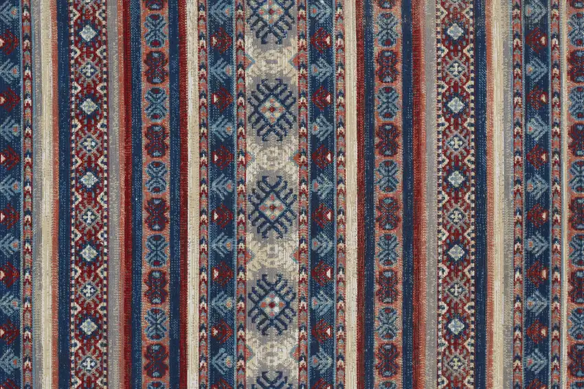 8' Blue Red And Ivory Geometric Power Loom Distressed Stain Resistant Runner Rug Photo 3