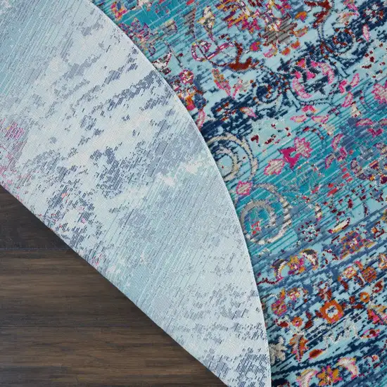 6' Blue Red And Orange Floral Distressed Round Rug Photo 8
