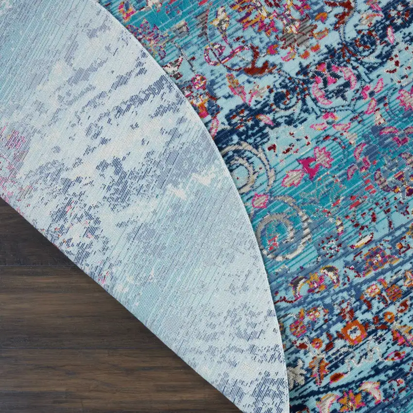 6' Blue Red And Orange Floral Distressed Round Rug Photo 8
