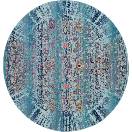6' Blue Red And Orange Floral Distressed Round Rug Photo 1