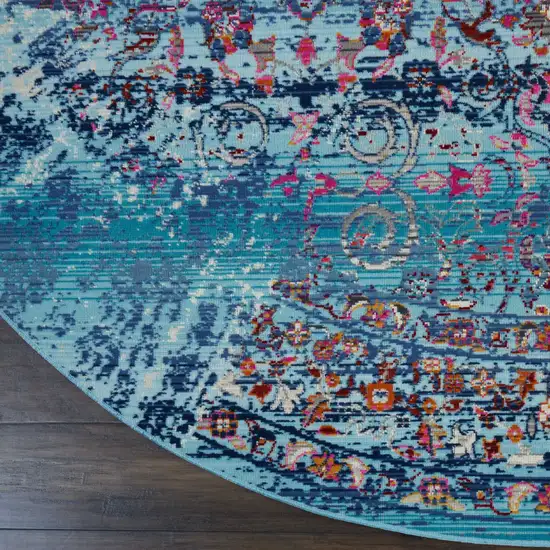6' Blue Red And Orange Floral Distressed Round Rug Photo 9