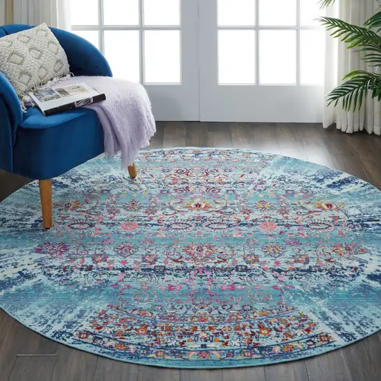 6' Blue Red And Orange Floral Distressed Round Rug Photo 3