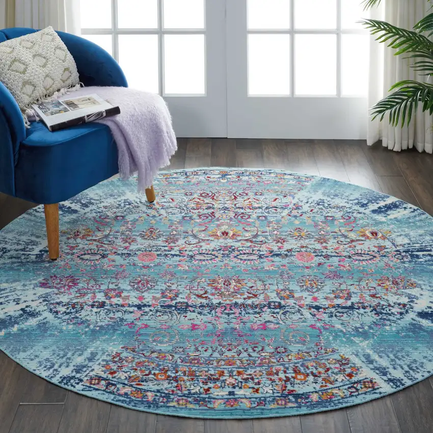 6' Blue Red And Orange Floral Distressed Round Rug Photo 3
