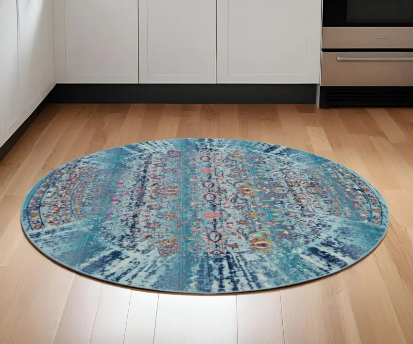 6' Blue Red And Orange Floral Distressed Round Rug Photo 1