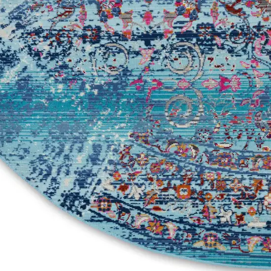 6' Blue Red And Orange Floral Distressed Round Rug Photo 7