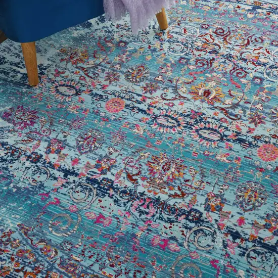 6' Blue Red And Orange Floral Distressed Round Rug Photo 4