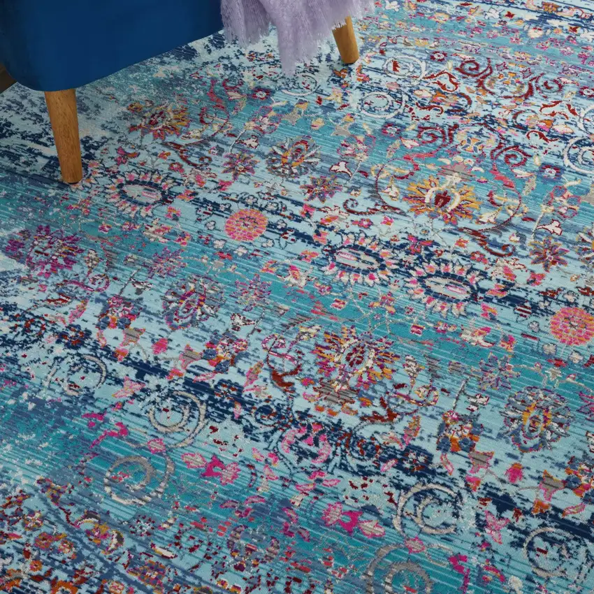 6' Blue Red And Orange Floral Distressed Round Rug Photo 4