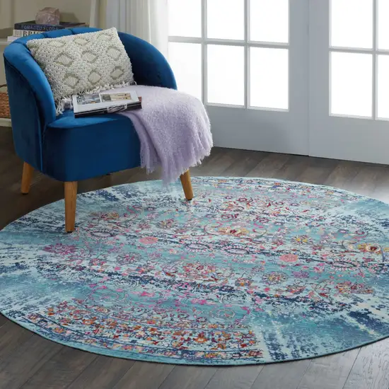 4' Blue Red And Orange Floral Distressed Round Rug Photo 6