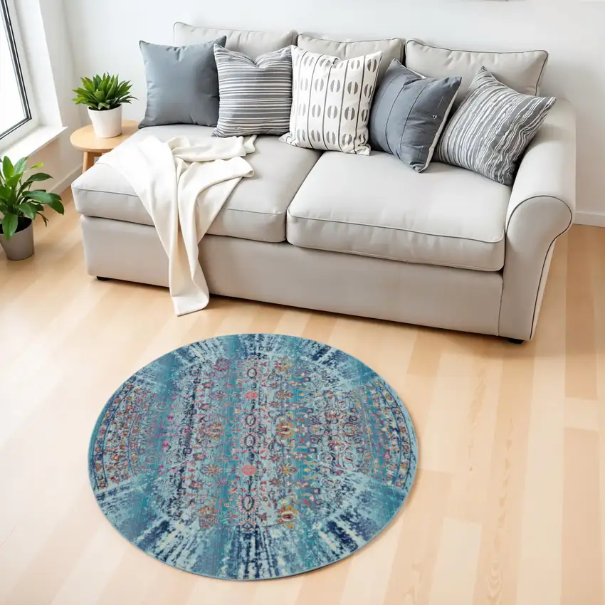 4' Blue Red And Orange Floral Distressed Round Rug Photo 1