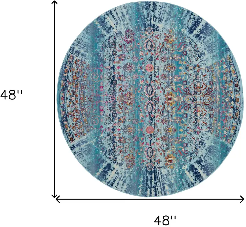 4' Blue Red And Orange Floral Distressed Round Rug Photo 3
