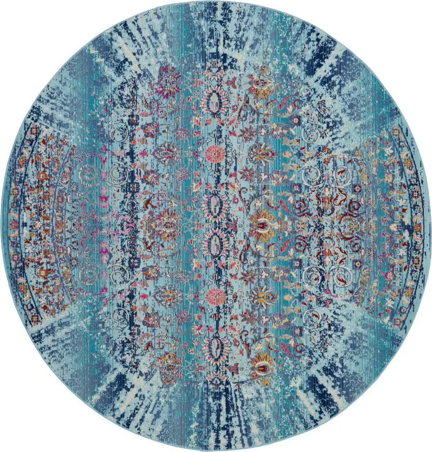 4' Blue Red And Orange Floral Distressed Round Rug Photo 2
