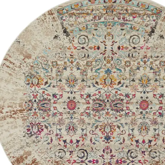 4' Blue Red And Orange Floral Distressed Round Rug Photo 7