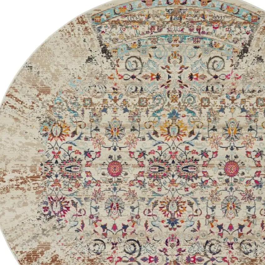4' Blue Red And Orange Floral Distressed Round Rug Photo 7