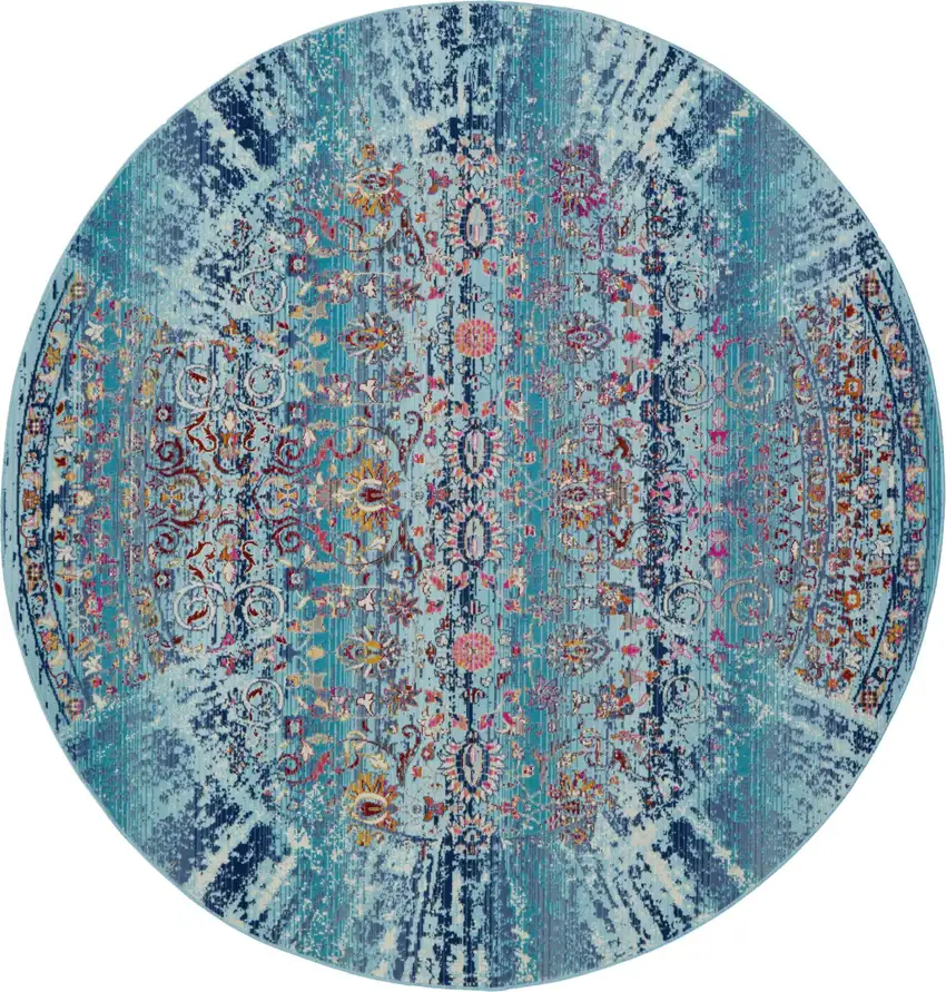 4' Blue Red And Orange Floral Distressed Round Rug Photo 8