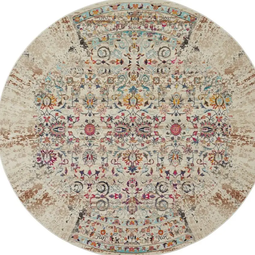 4' Blue Red And Orange Floral Distressed Round Rug Photo 1