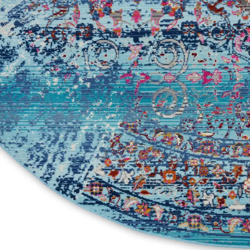 4' Blue Red And Orange Floral Distressed Round Rug Photo 9