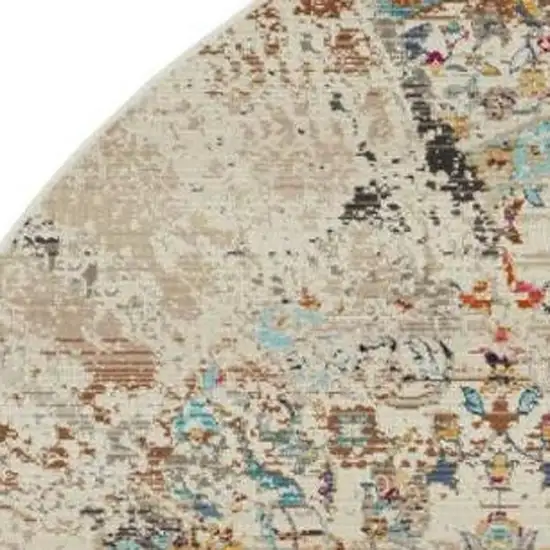 4' Blue Red And Orange Floral Distressed Round Rug Photo 3