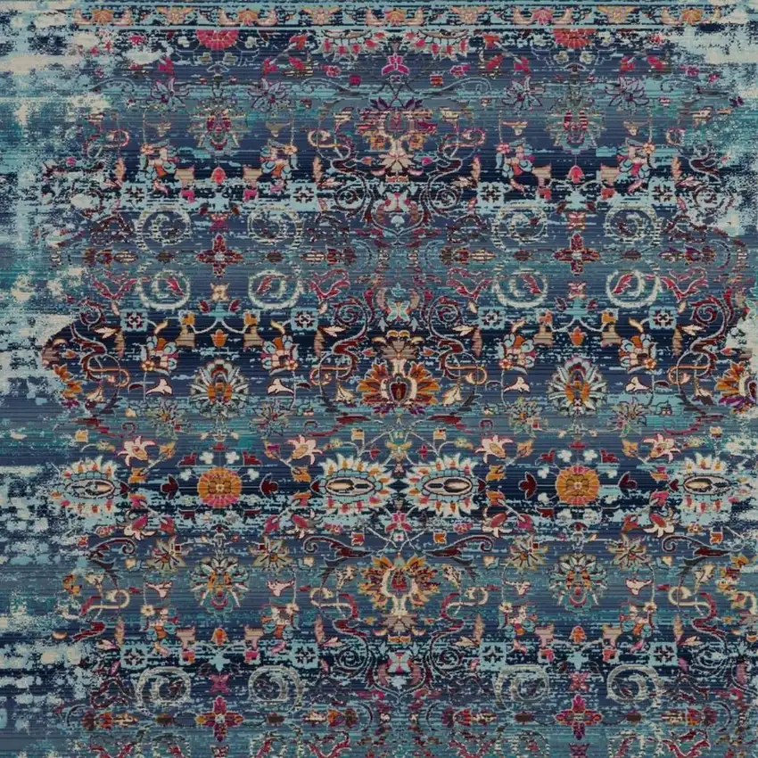 8' Blue Red And Orange Floral Distressed Runner Rug Photo 3