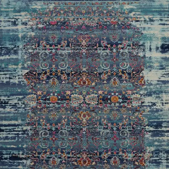 8' Blue Red And Orange Floral Distressed Runner Rug Photo 6
