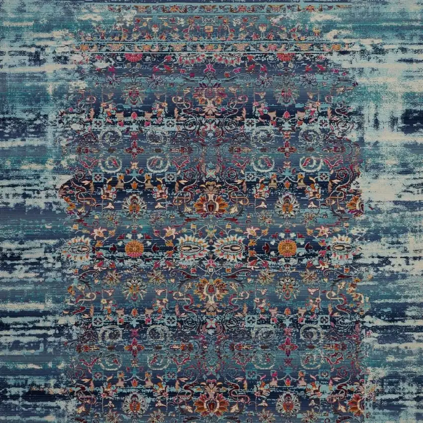 8' Blue Red And Orange Floral Distressed Runner Rug Photo 6