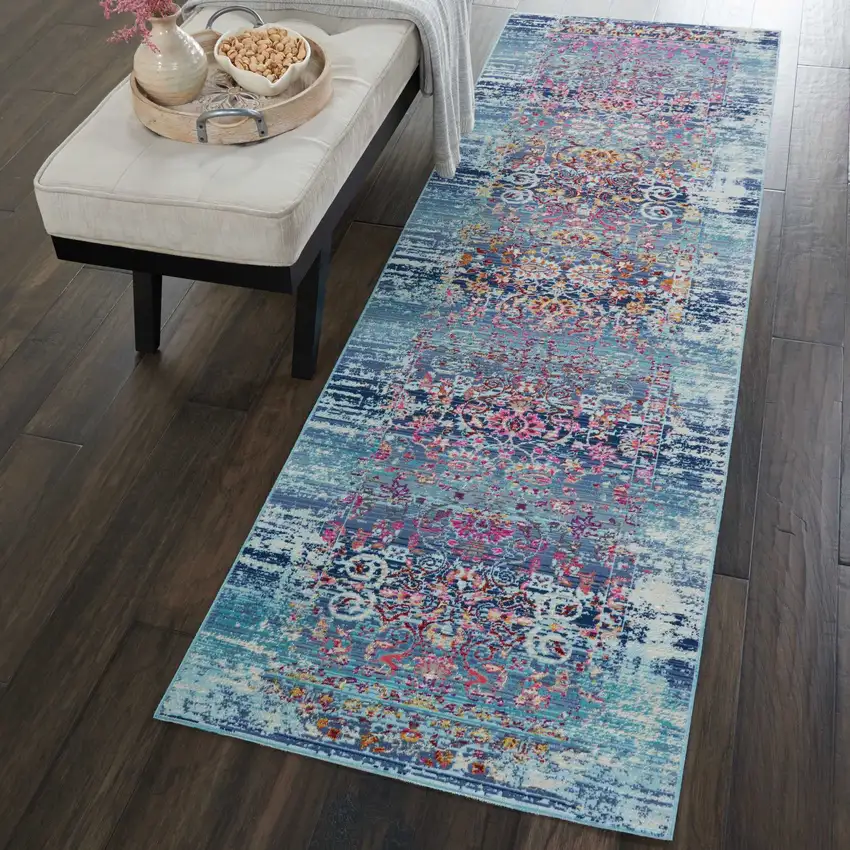 8' Blue Red And Orange Floral Distressed Runner Rug Photo 5