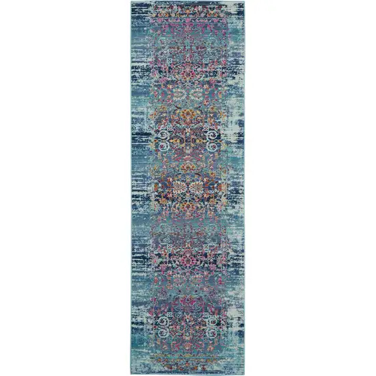 8' Blue Red And Orange Floral Distressed Runner Rug Photo 1