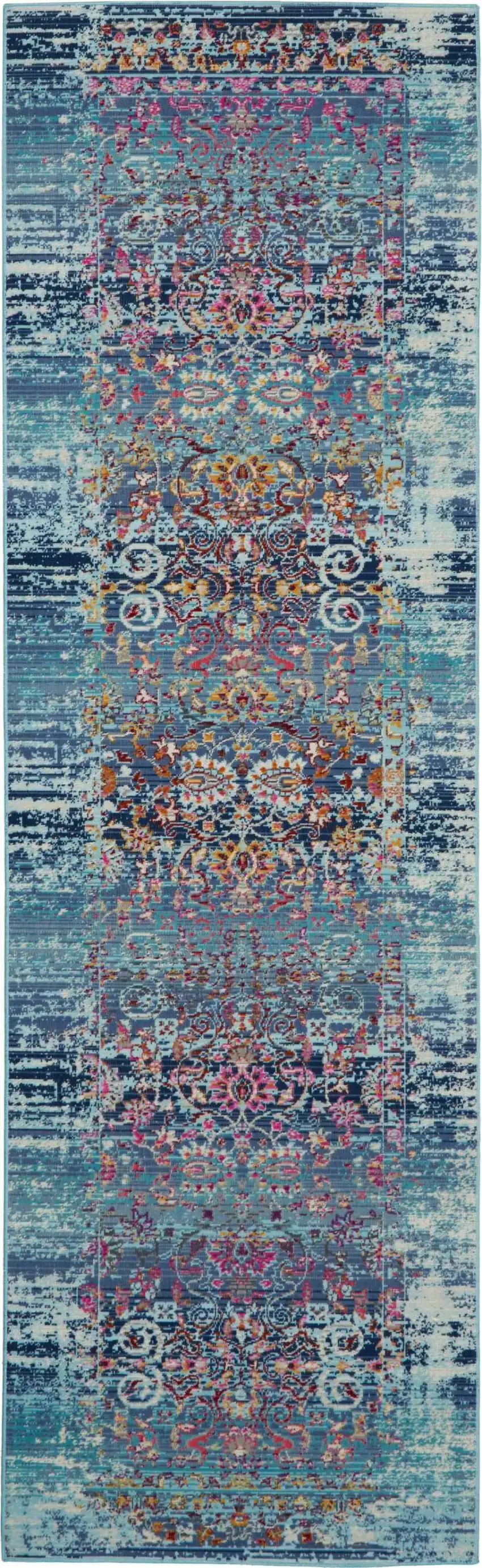 8' Blue Red And Orange Floral Distressed Runner Rug Photo 1