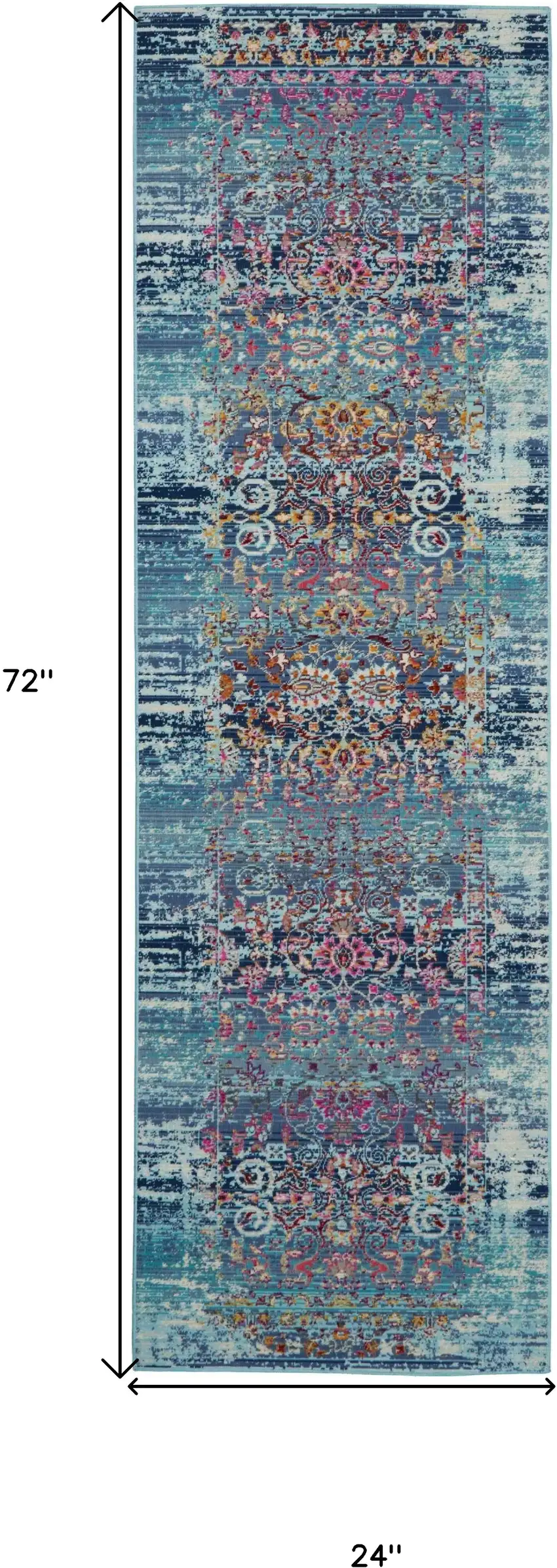 6' Blue Red And Orange Floral Distressed Runner Rug Photo 3