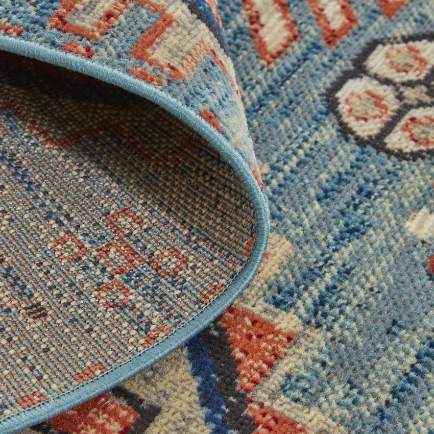 8' Blue Red And Tan Abstract Power Loom Distressed Stain Resistant Runner Rug Photo 4
