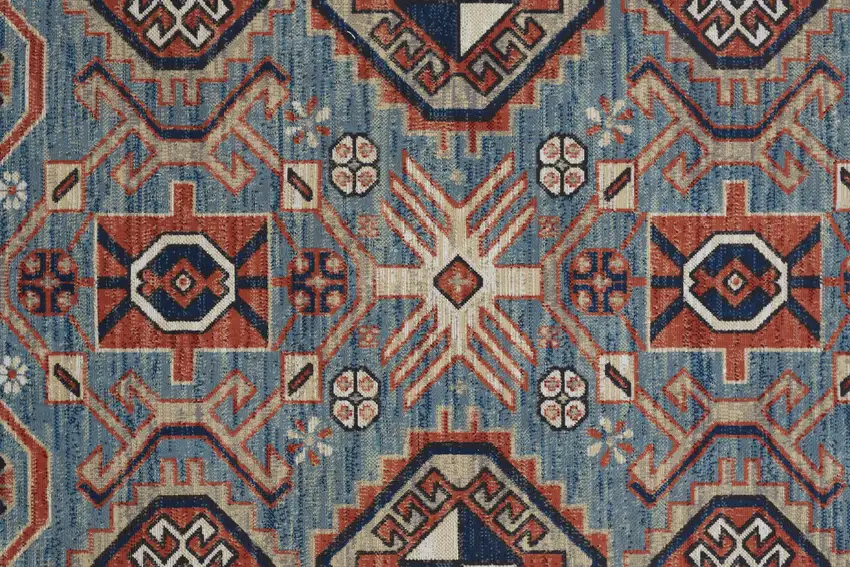 8' Blue Red And Tan Abstract Power Loom Distressed Stain Resistant Runner Rug Photo 3