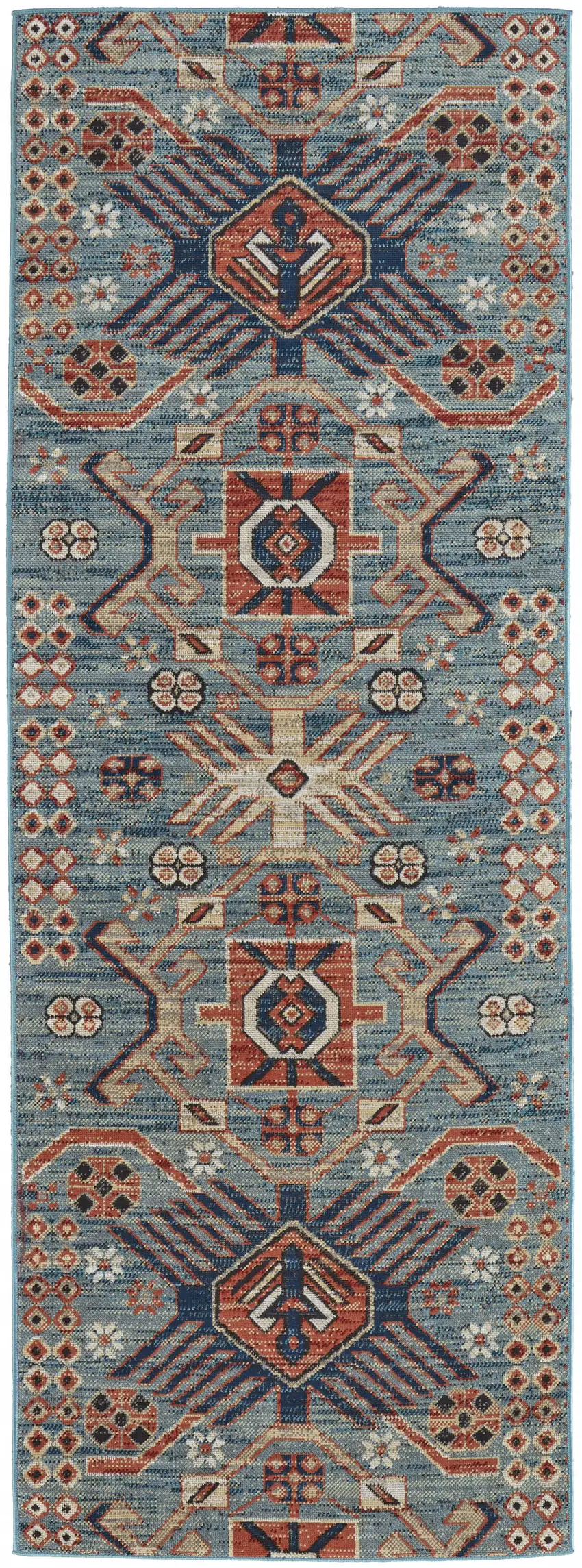 8' Blue Red And Tan Abstract Power Loom Distressed Stain Resistant Runner Rug Photo 1