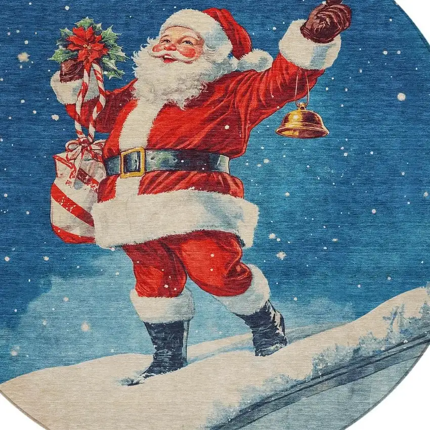 8' Blue Red White Green And Gold Round Floral Washable Indoor Outdoor Area Rug Photo 4