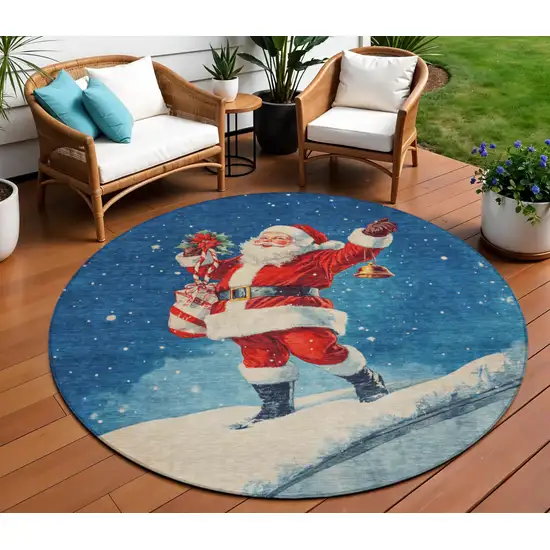 8' Blue Red White Green And Gold Round Floral Washable Indoor Outdoor Area Rug Photo 2