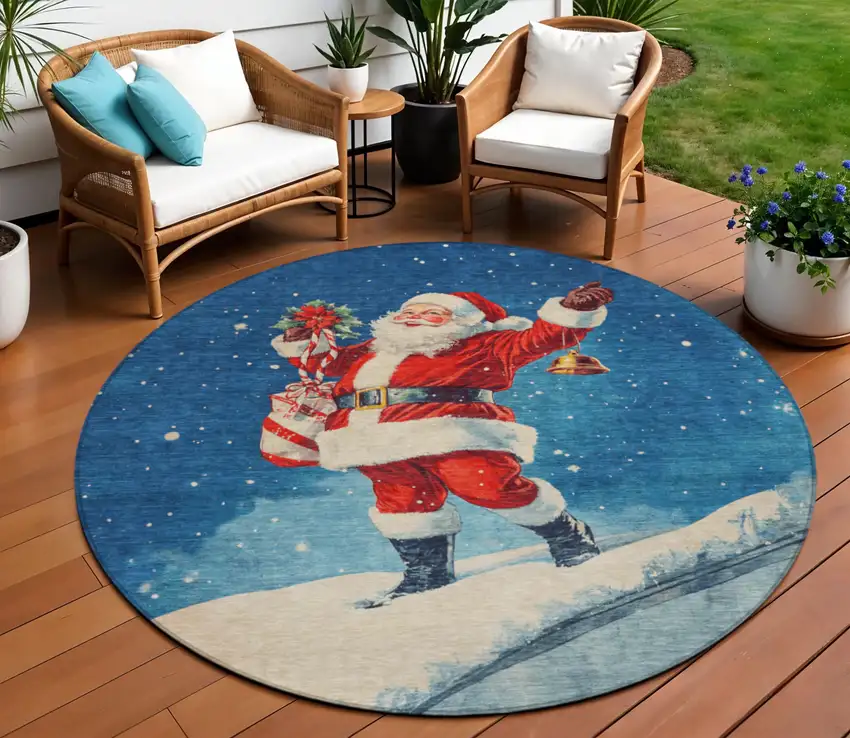 8' Blue Red White Green And Gold Round Floral Washable Indoor Outdoor Area Rug Photo 2