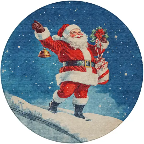 8' Blue Red White Green And Gold Round Floral Washable Indoor Outdoor Area Rug Photo 3