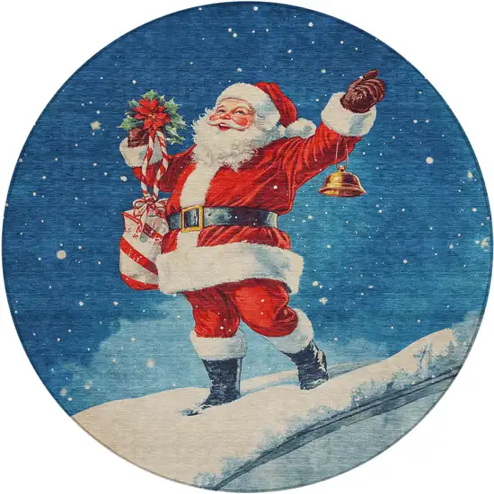 8' Blue Red White Green And Gold Round Floral Washable Indoor Outdoor Area Rug Photo 1