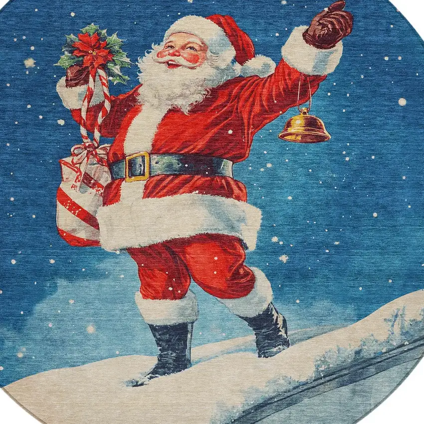 8' Blue Red White Green And Gold Round Floral Washable Indoor Outdoor Area Rug Photo 9