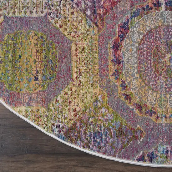 6' Blue Red and Orange Geometric Distressed Non Skid Round Rug Photo 9