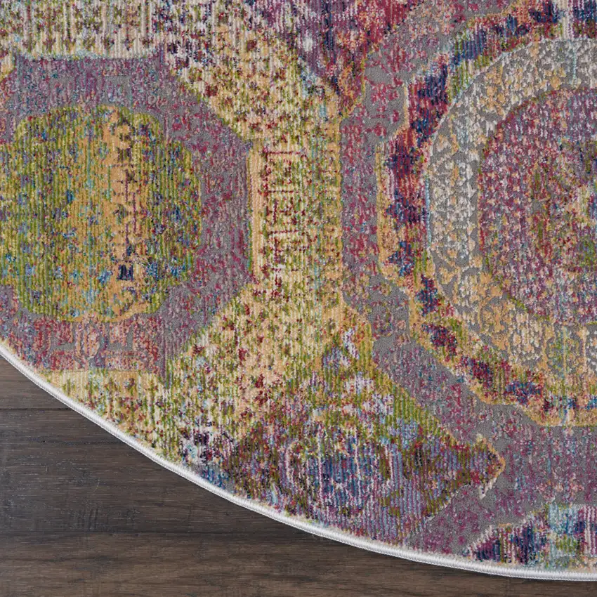 6' Blue Red and Orange Geometric Distressed Non Skid Round Rug Photo 9