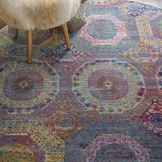 6' Blue Red and Orange Geometric Distressed Non Skid Round Rug Photo 6