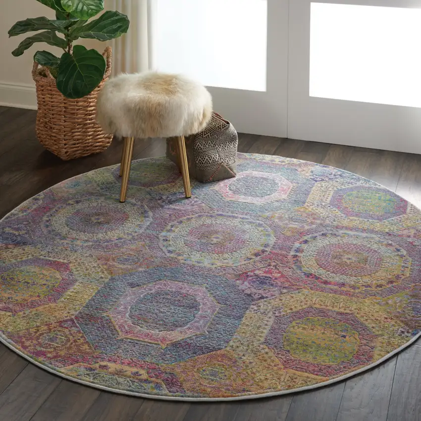 6' Blue Red and Orange Geometric Distressed Non Skid Round Rug Photo 7