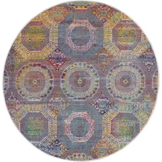 6' Blue Red and Orange Geometric Distressed Non Skid Round Rug Photo 4