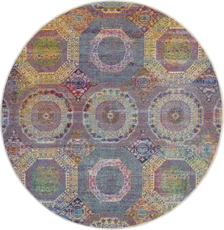 6' Blue Red and Orange Geometric Distressed Non Skid Round Rug Photo 4