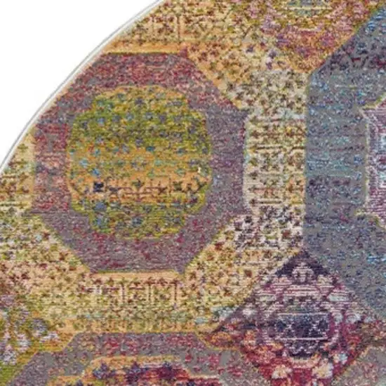 6' Blue Red and Orange Geometric Distressed Non Skid Round Rug Photo 8